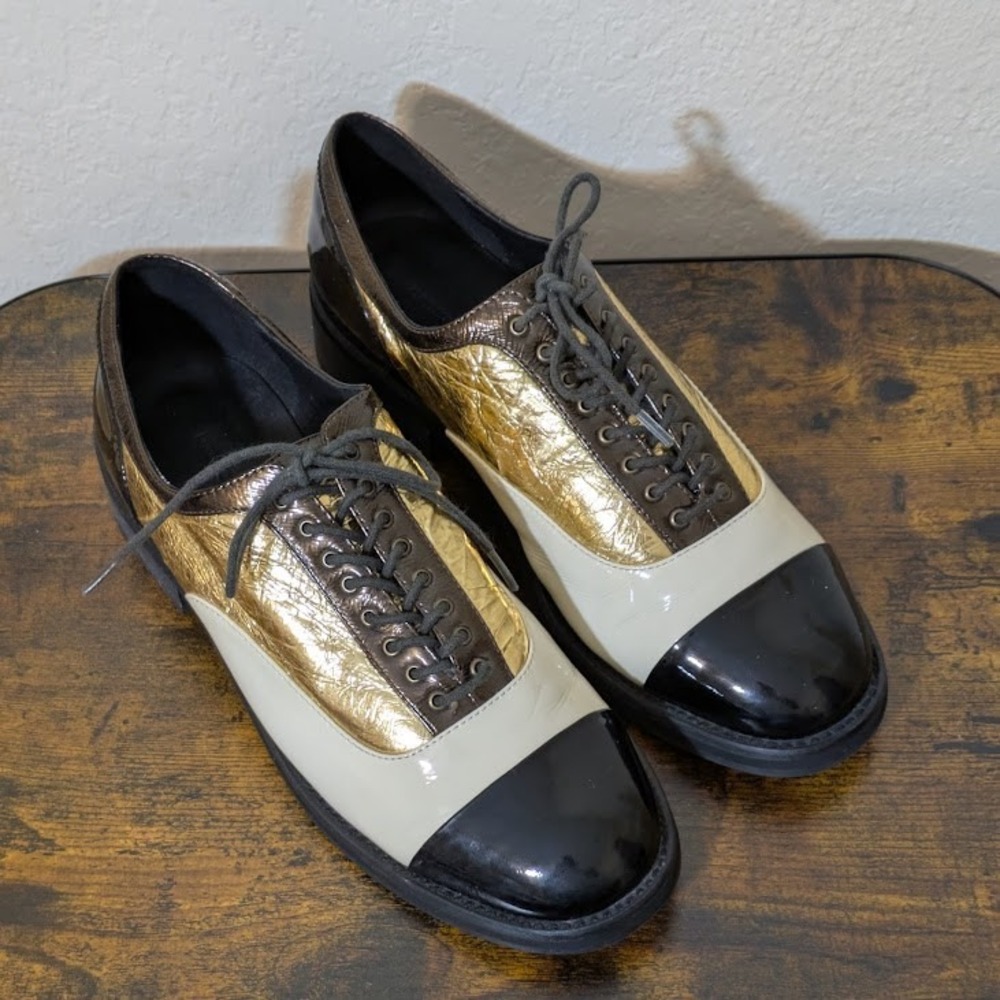 90s Color-Block Patent Cap-Toe Oxford Gold/Black/White S7.5 Christine‎ SheII